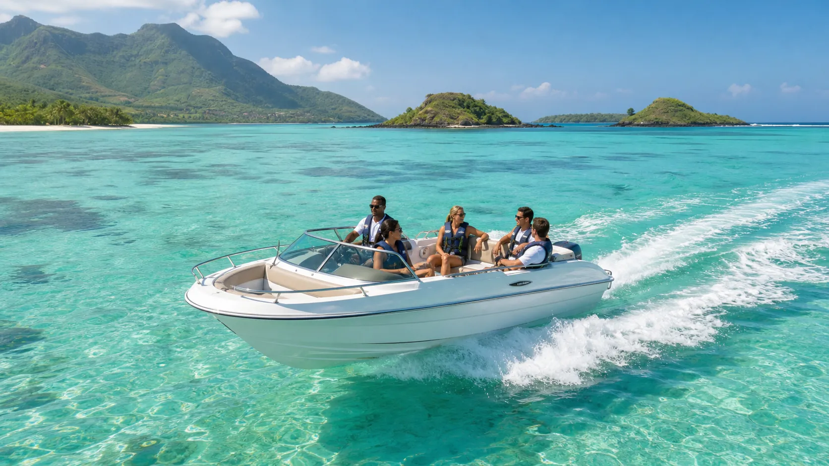 Vue d'illustration d'adultes en gilet de sauvetage voyageant en hors-bord à travers un lagon tropical ensoleillé